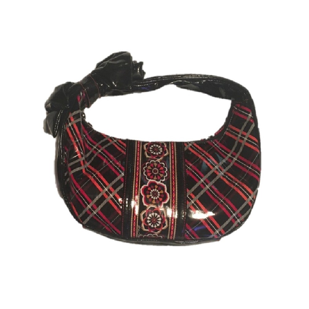 Vera Bradley patent leather handbag plaid blowers bow black red lined